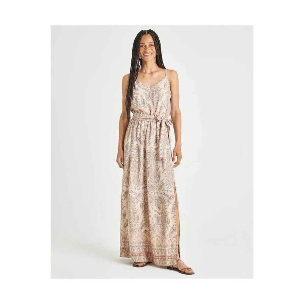 Splendid Alessandra Paisley Linen Blend Maxi Dress Leg Slit Size Large‎ Bohemian